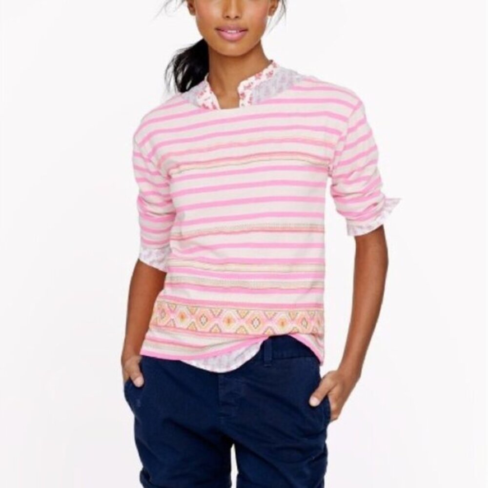 J.Crew Neon Pink Stripe Boat Betau Neck Embroidered‎ Aztec Top - Small